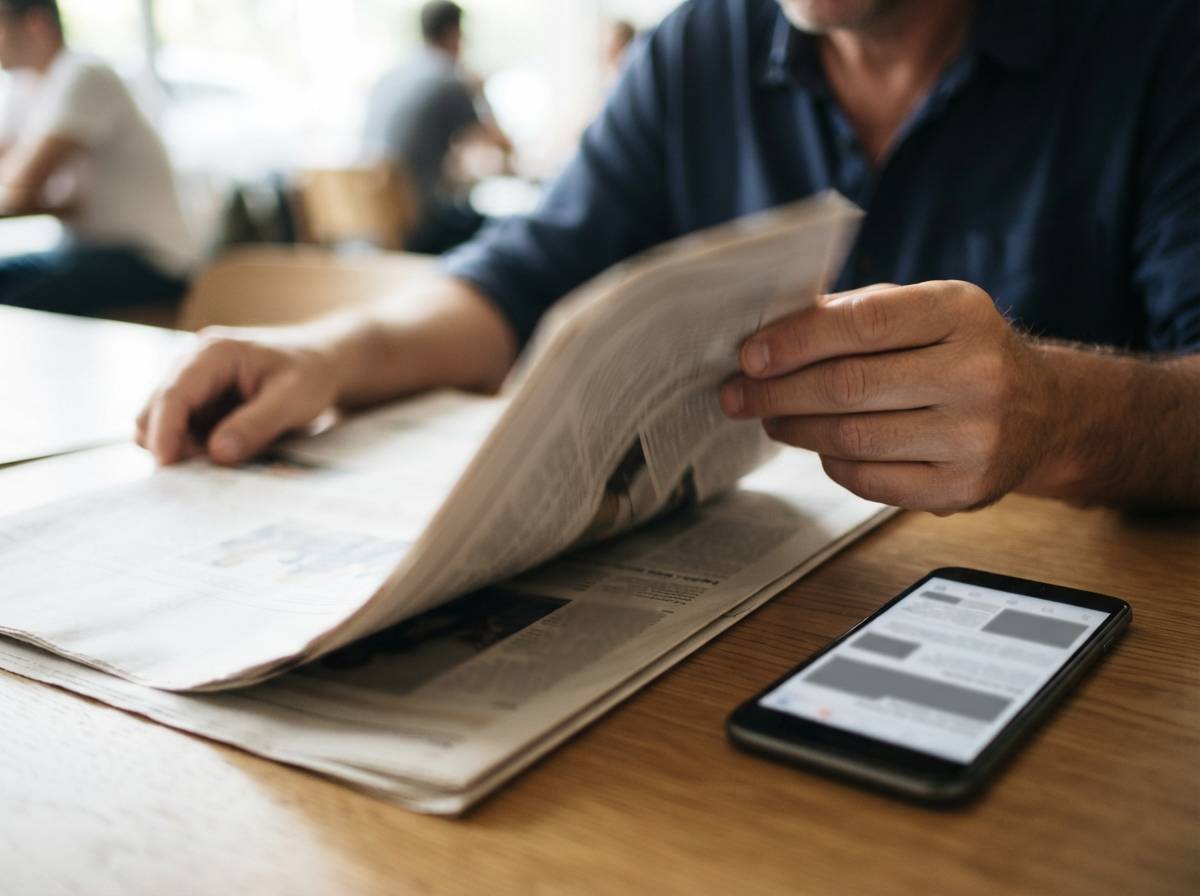 A cafe customer reads a folded newspaper next to an open laptop at a window table.