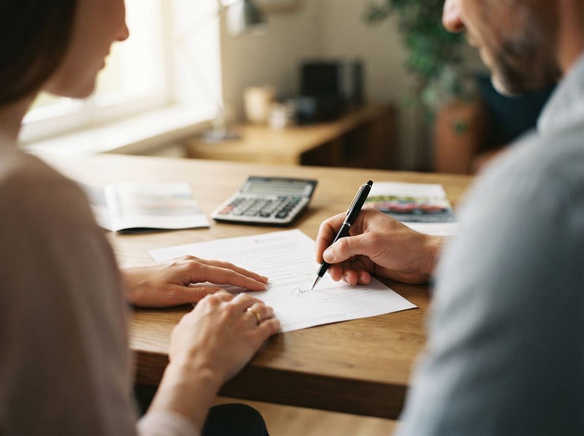 A car buyer shakes hands with a finance manager after signing an auto loan agreement.