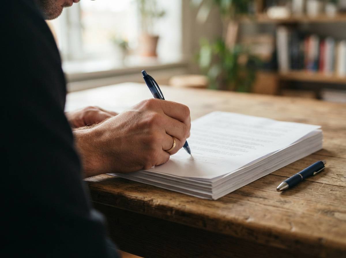 A close up of a hand signing a personal loan agreement document on a desk.