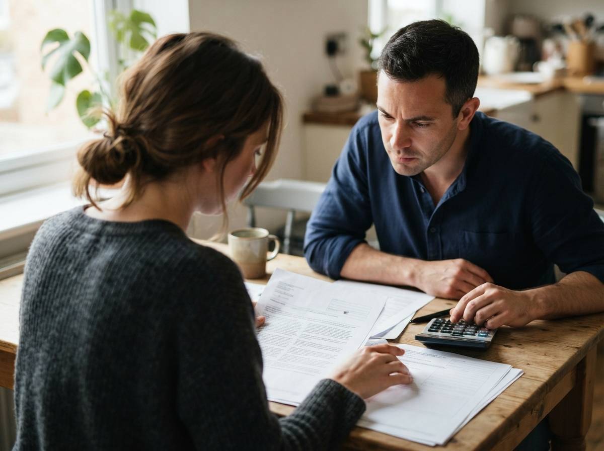 A couple reviews mortgage paperwork and calculates costs at their kitchen table.