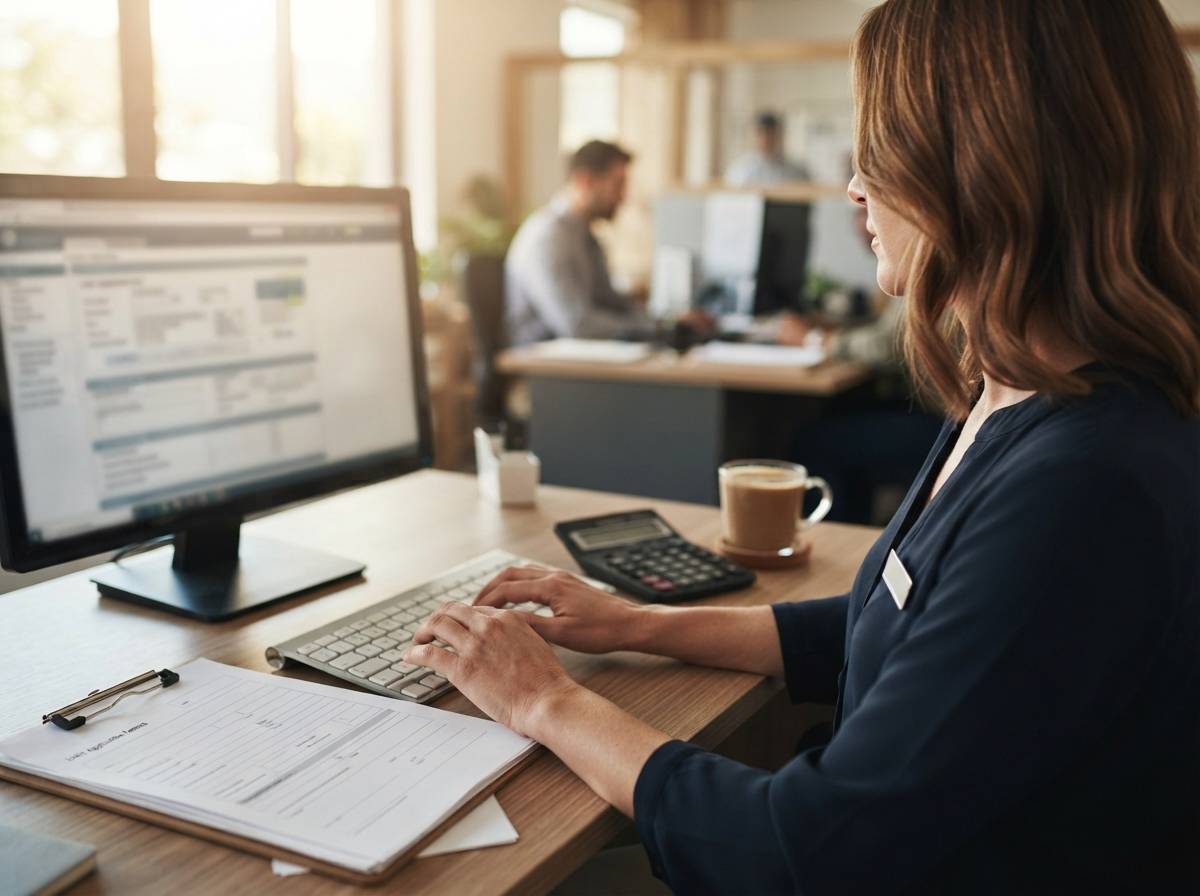 A credit union loan officer reviews a printed personal loan application at a desk.