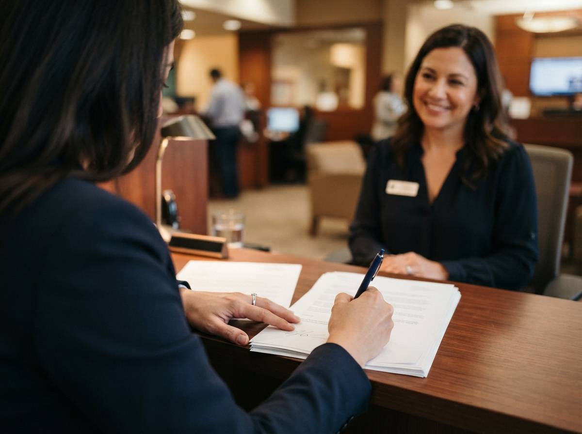 A customer signs personal loan documents at a bank desk while a loan officer looks on.