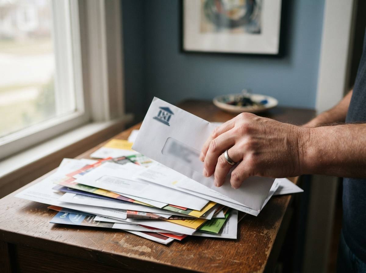 A hand sorts through mail and pulls out a bank offer envelope on a hallway table.