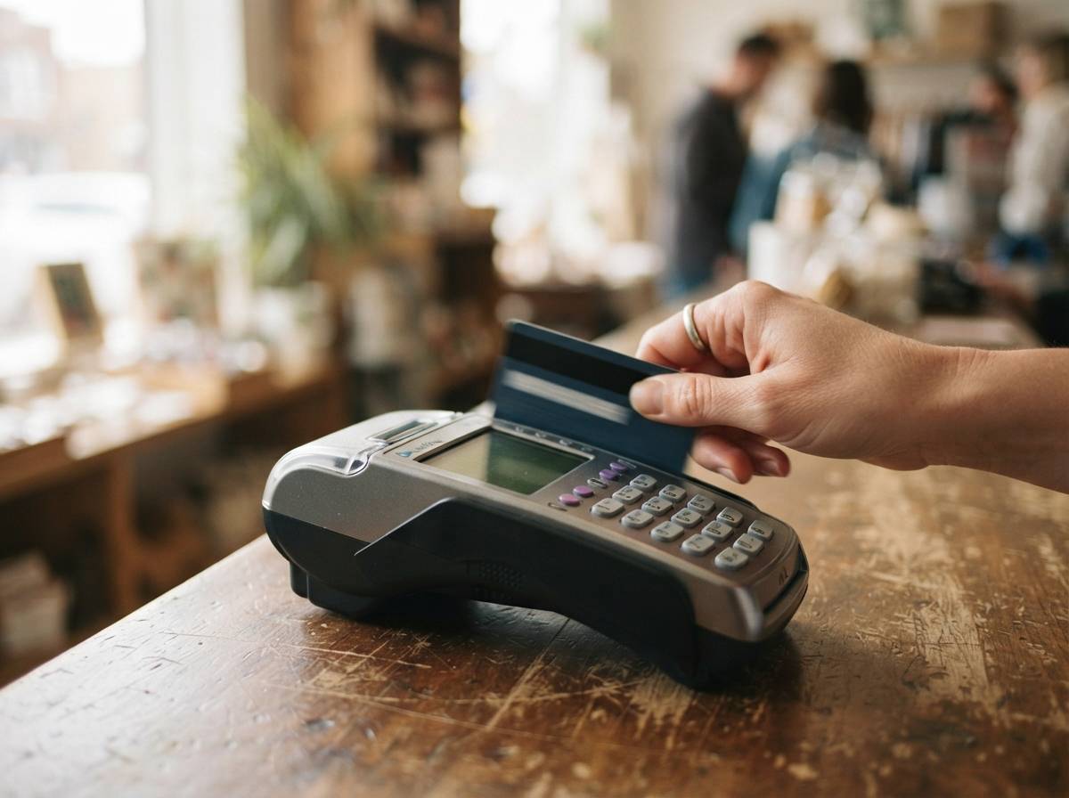A hand swipes a credit card through a payment terminal at a retail counter.