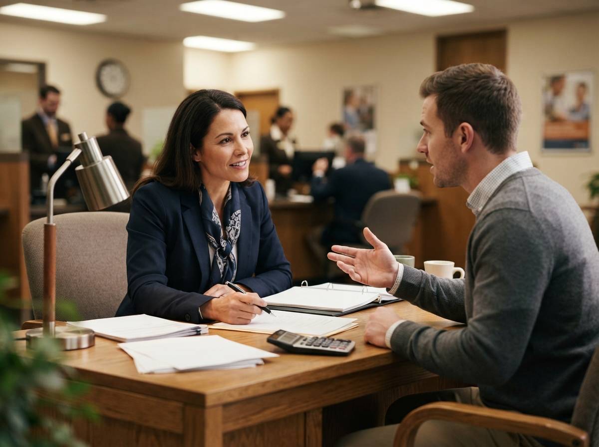 A loan officer and a customer discuss paperwork at a desk inside a bank branch.