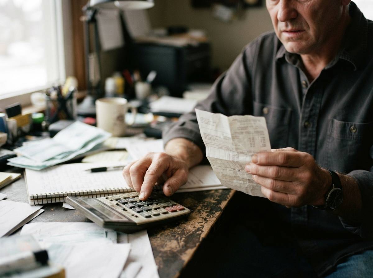 A man examines his paycheck stub and calculates figures at his desk.