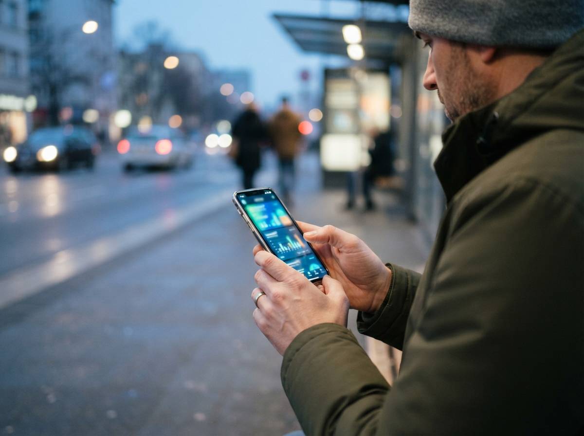 A man reviews a cash advance app on his phone while waiting at a bus stop.