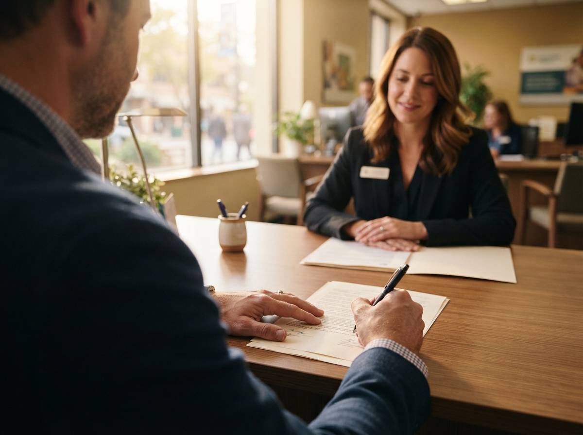 A man signs loan paperwork at a credit union branch desk while a loan officer looks on.