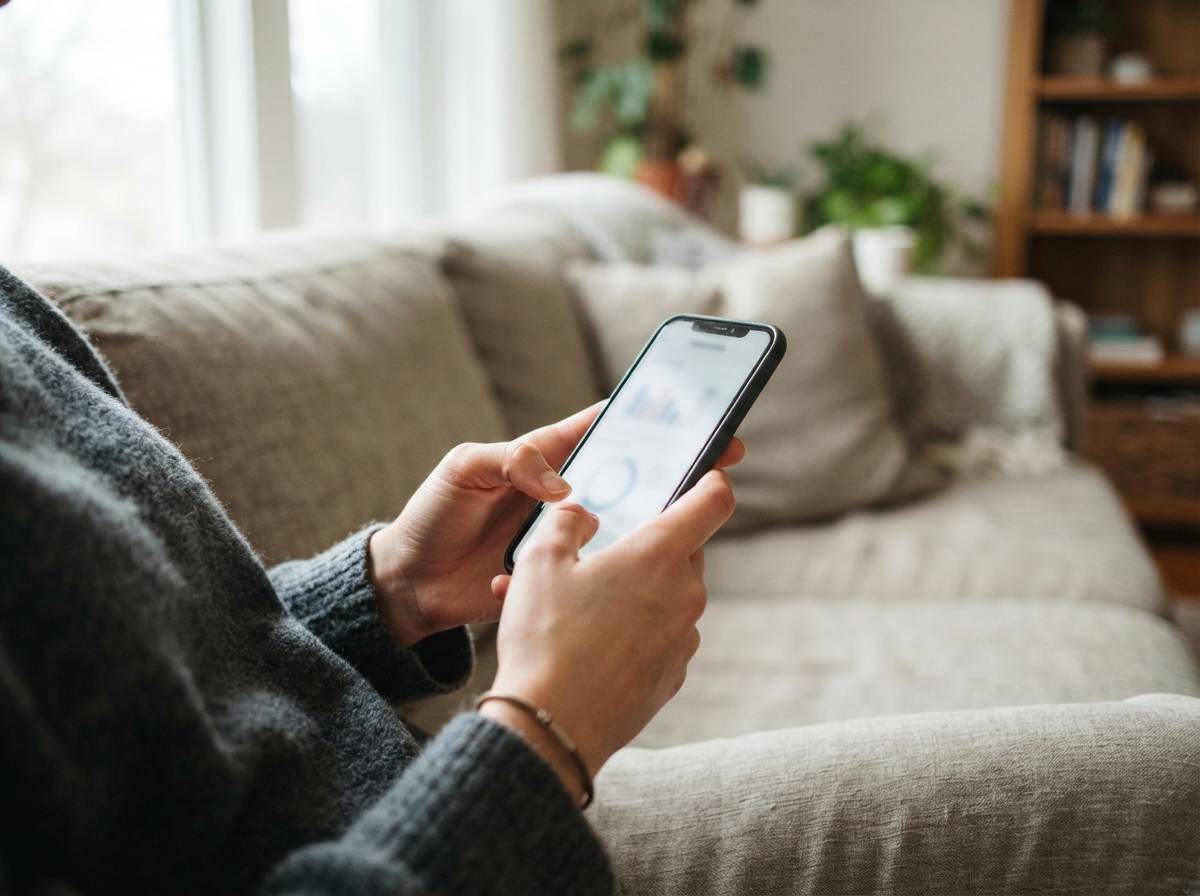 A person checks their credit score on a smartphone banking app while sitting on a couch.