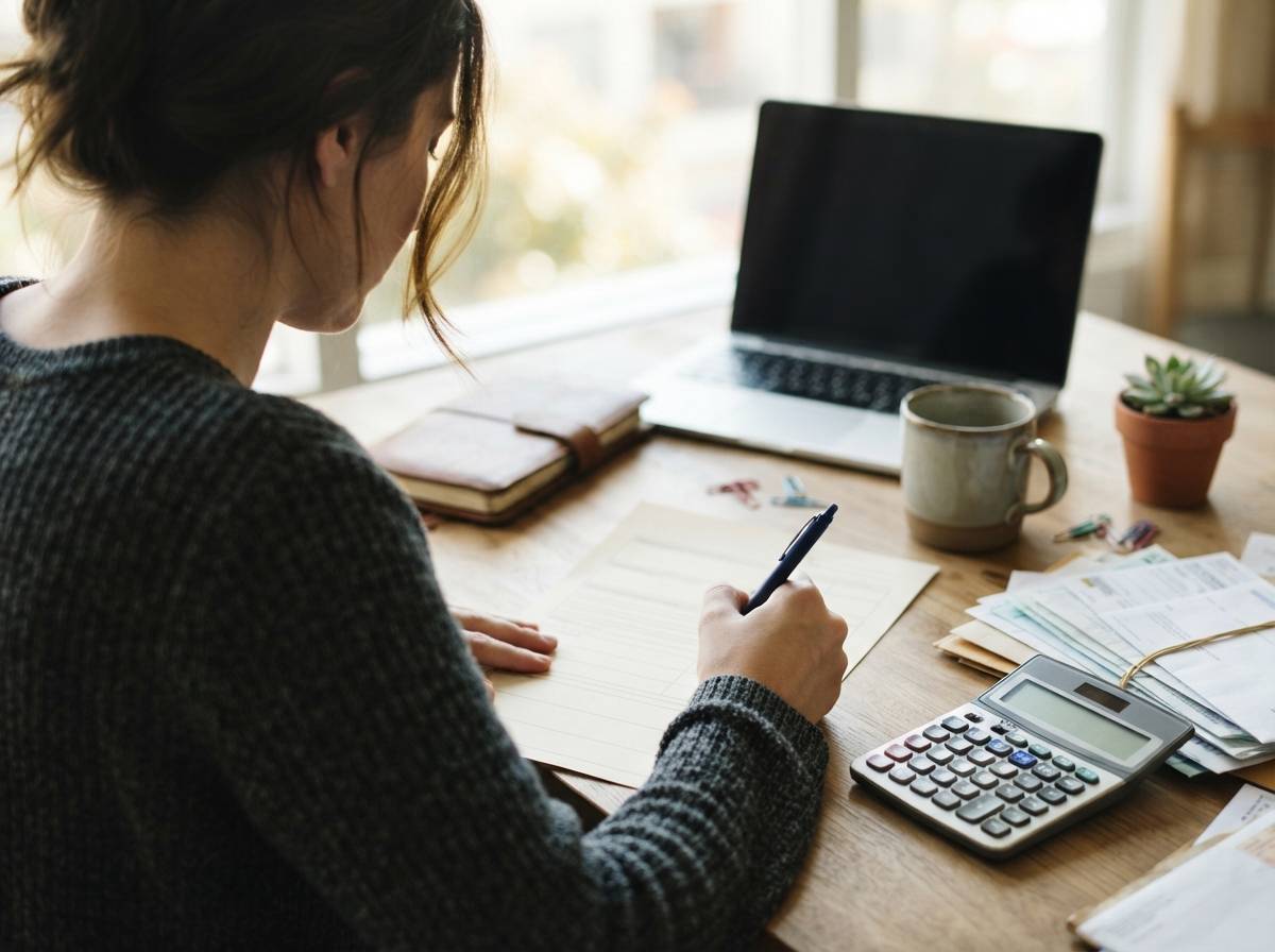 A person fills out a paper loan application beside a calculator and a stack of bills at a desk.