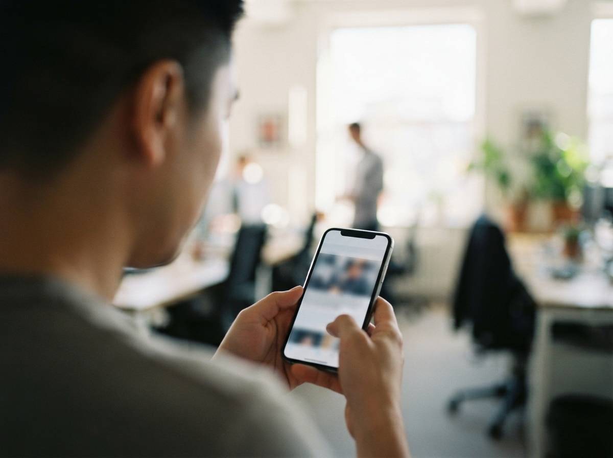 A person reads a news headline on their smartphone with a blurred office in the background.