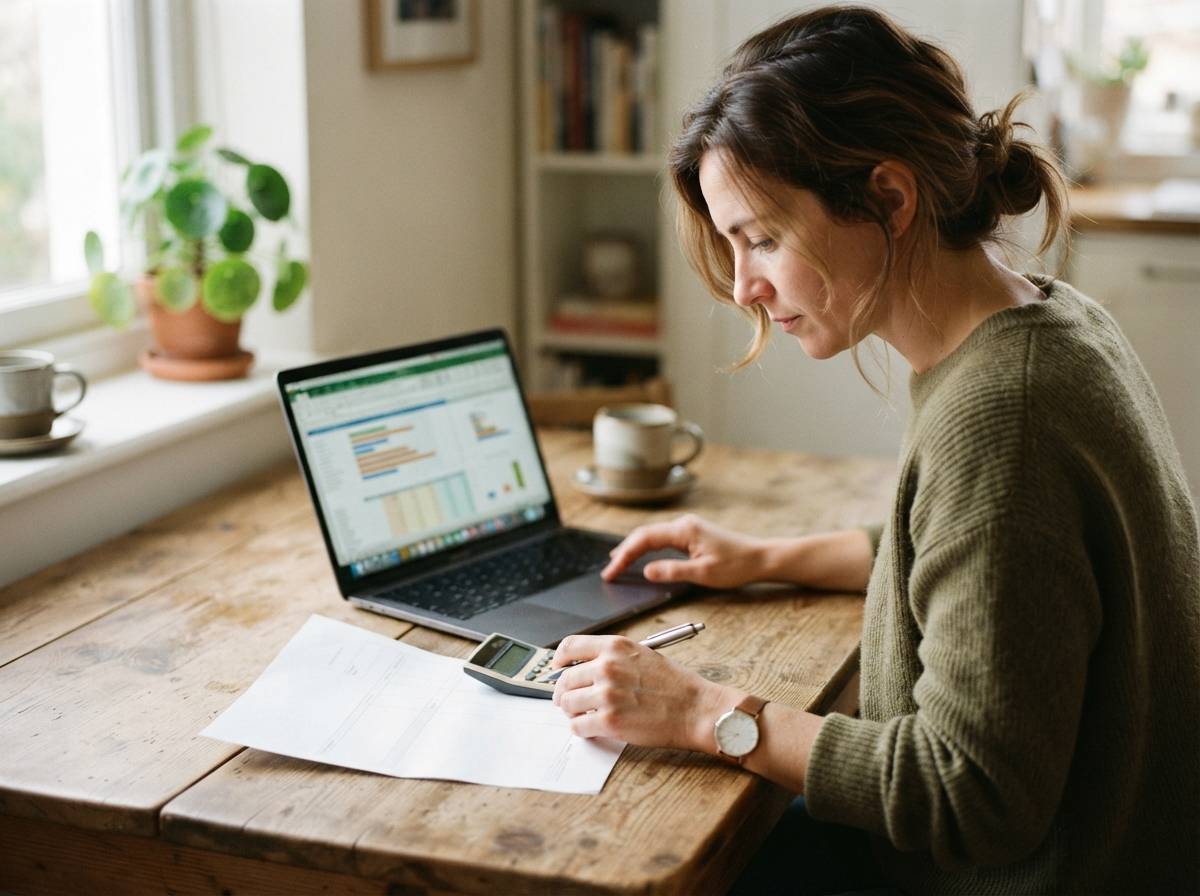 A person reviews auto loan paperwork and a calculator at a kitchen table while comparing loan offers.