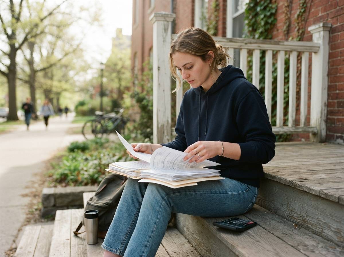 A recent graduate reviews student loan paperwork and a calculator outdoors.