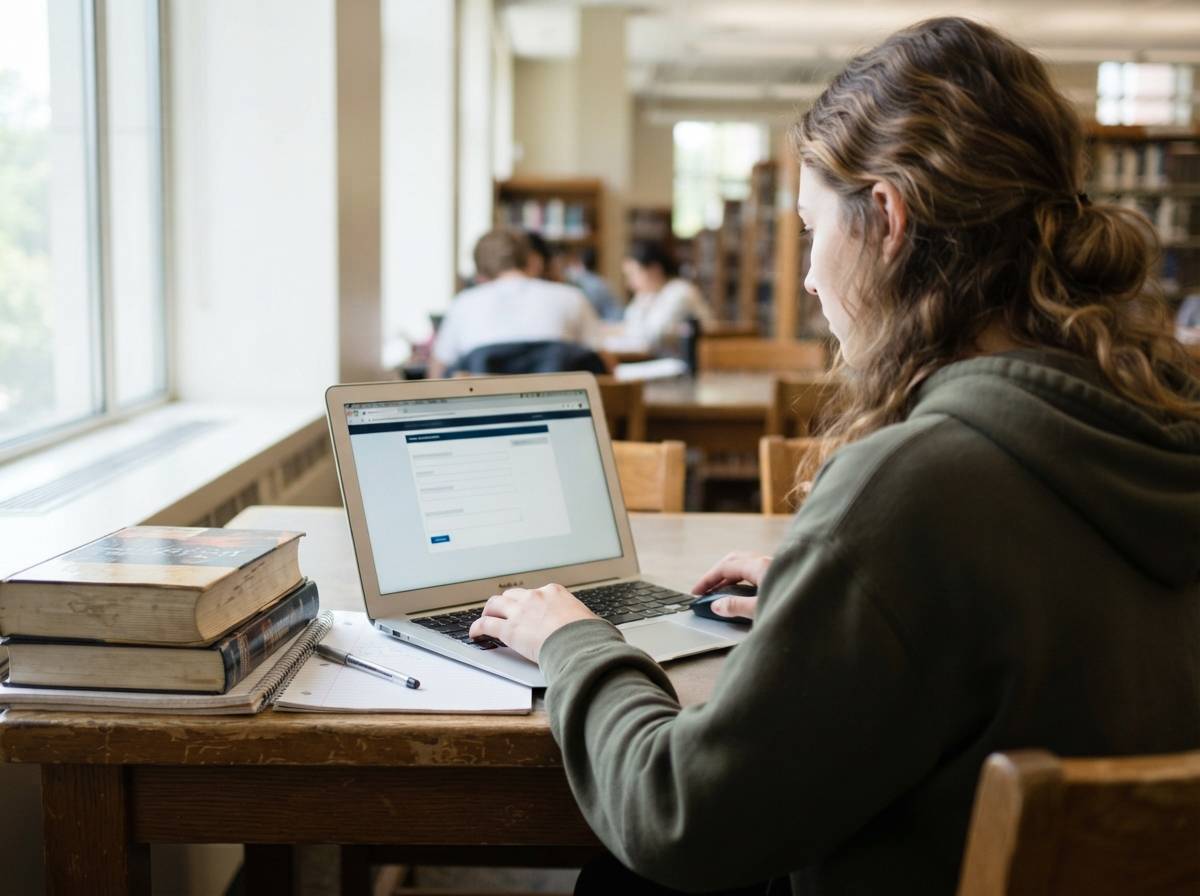 A student fills out a federal student aid form on a laptop next to a stack of textbooks.