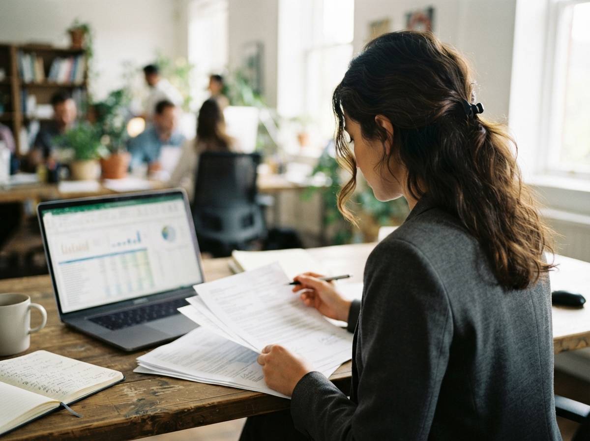 A young professional reviews student loan paperwork and financial spreadsheets at a desk.