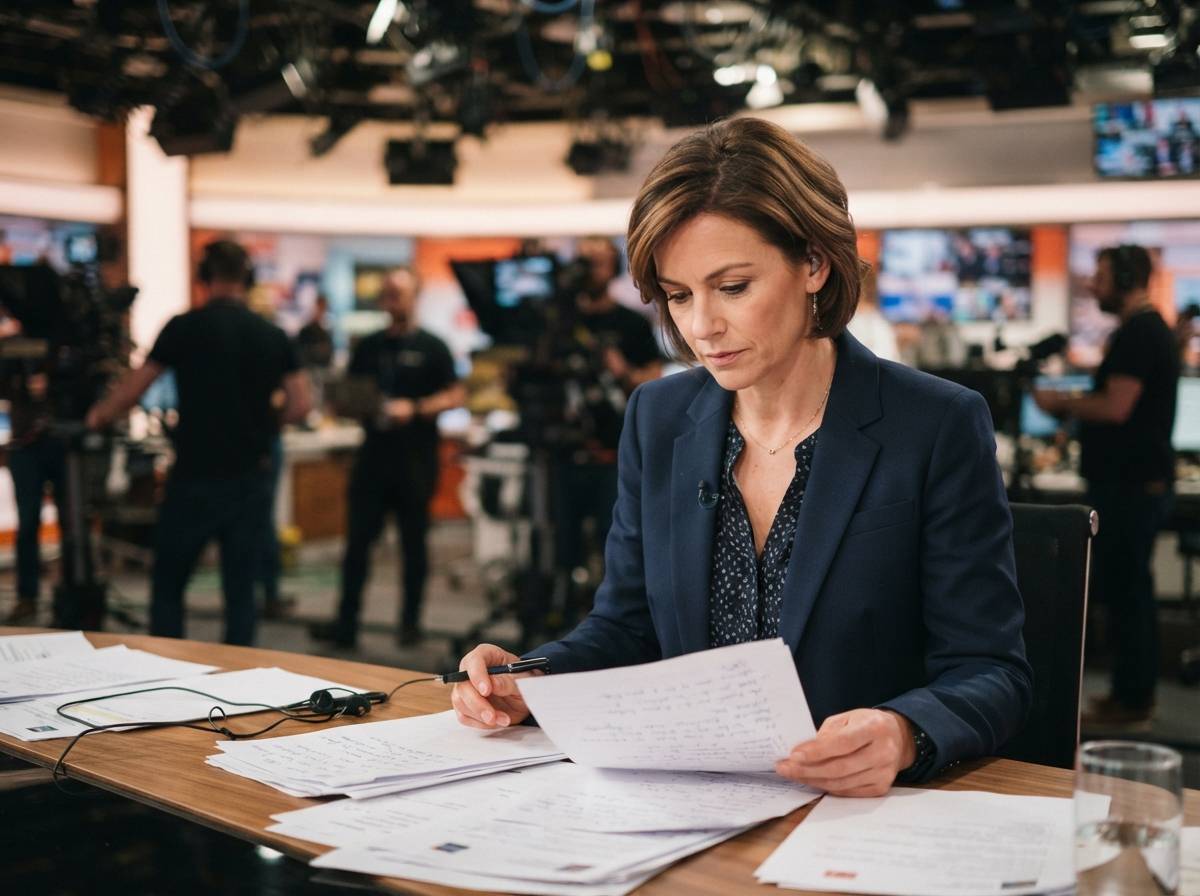 An editor watches multiple preview monitors in a dimly lit television newsroom control room.