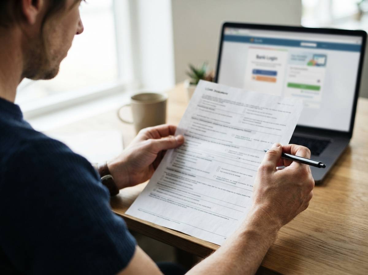 Close up of a person's hands holding loan paperwork with a laptop visible in the background.