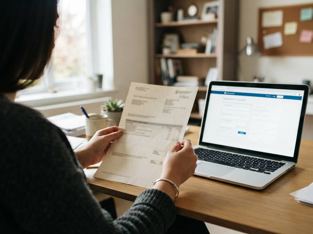 Close up of hands holding a student loan statement beside a laptop showing repayment figures.