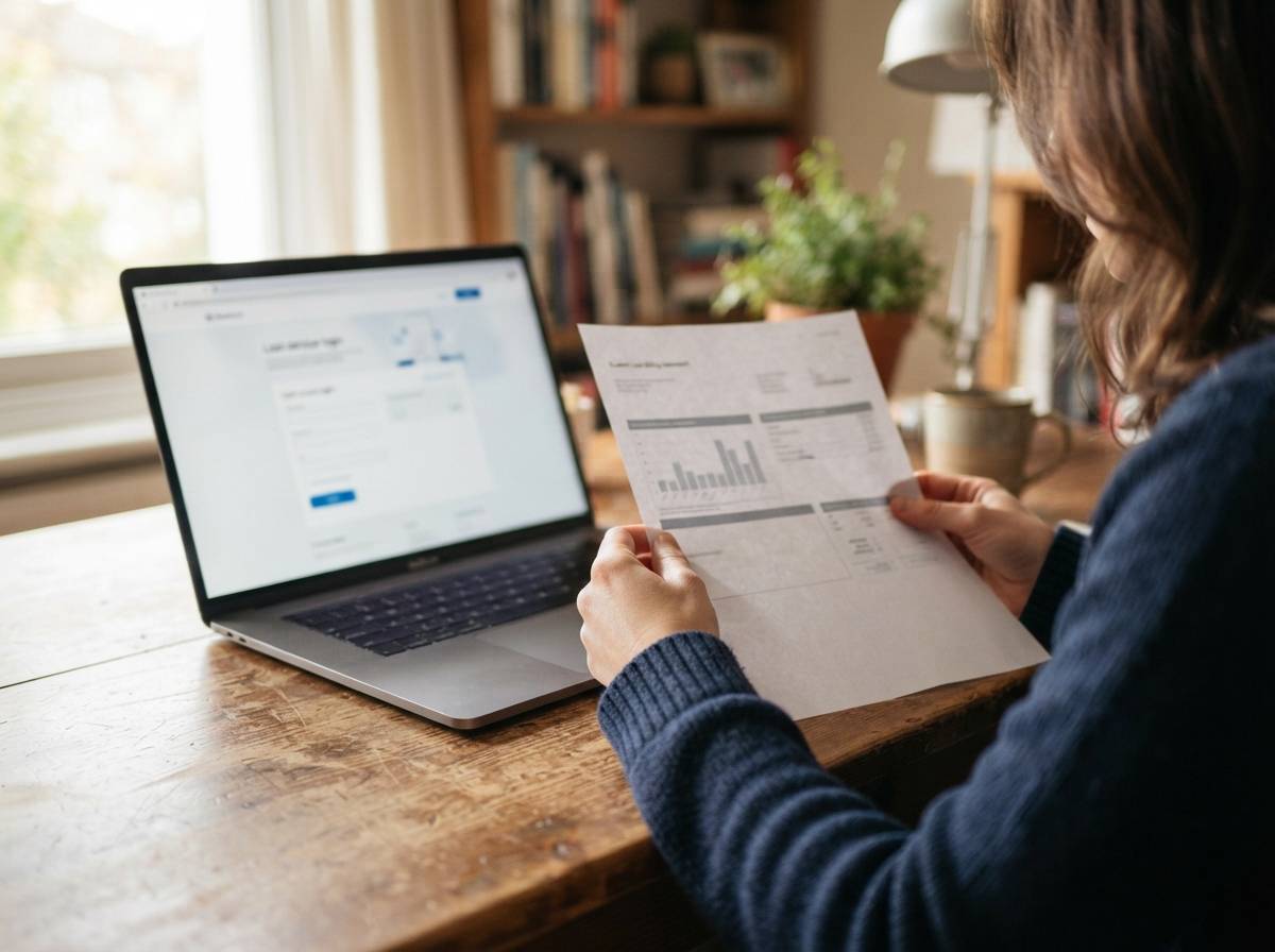 Close up of hands holding a student loan statement beside an open laptop.