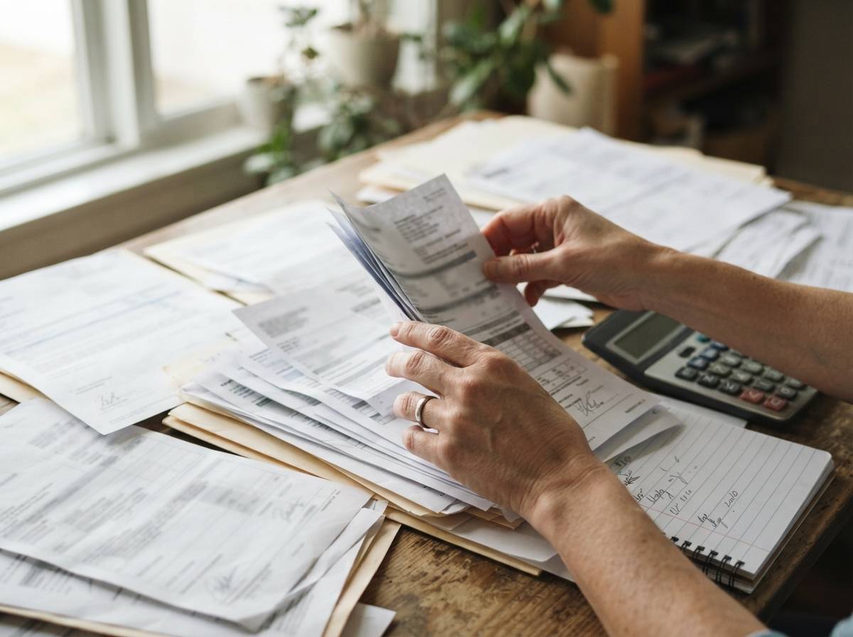 Close up of hands sorting through loan paperwork and a notebook of tracked application dates.